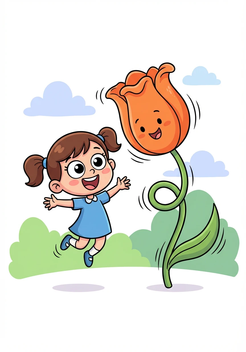 A playful orange tulip bounces with an energetic rhythm. Flora learns about excitement and the joy of trying new things.