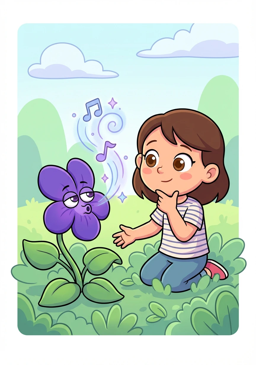 A deep purple violet hums a thoughtful, quiet melody. Flora realizes it's singing about reflection and the importance of understanding her own feelings.