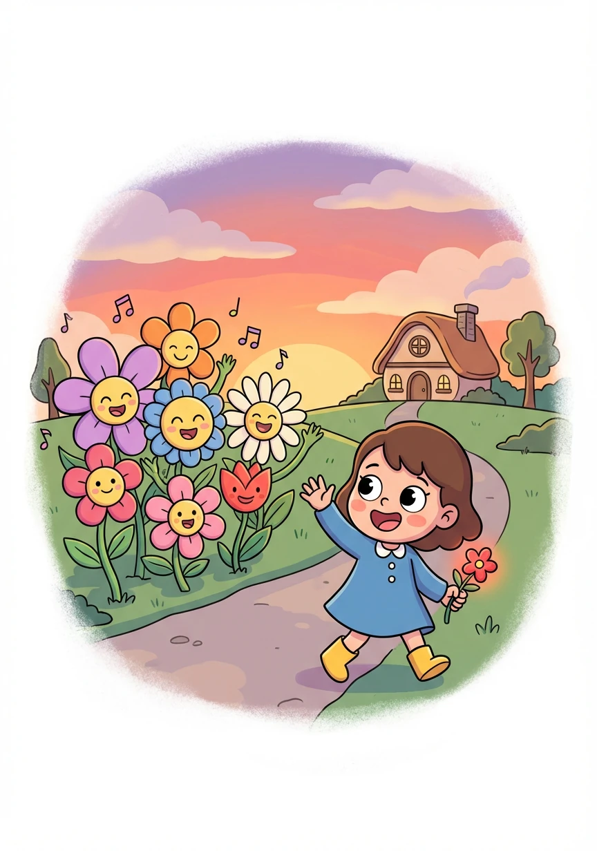 As the sun sets, Flora says goodbye to the singing flowers, promising to visit again soon. She returns home, her heart filled with newfound understanding and a deeper connection to her emotions, ready to share her experience.