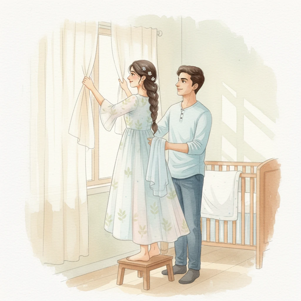 Rohan and Priya, a young Indian couple, lovingly prepare a soft, sunlit room. Delicate fabrics in gentle creams and blues drape softly, hinting at a sweet arrival. The air feels light and hopeful, filled with the promise of a new beginning.
