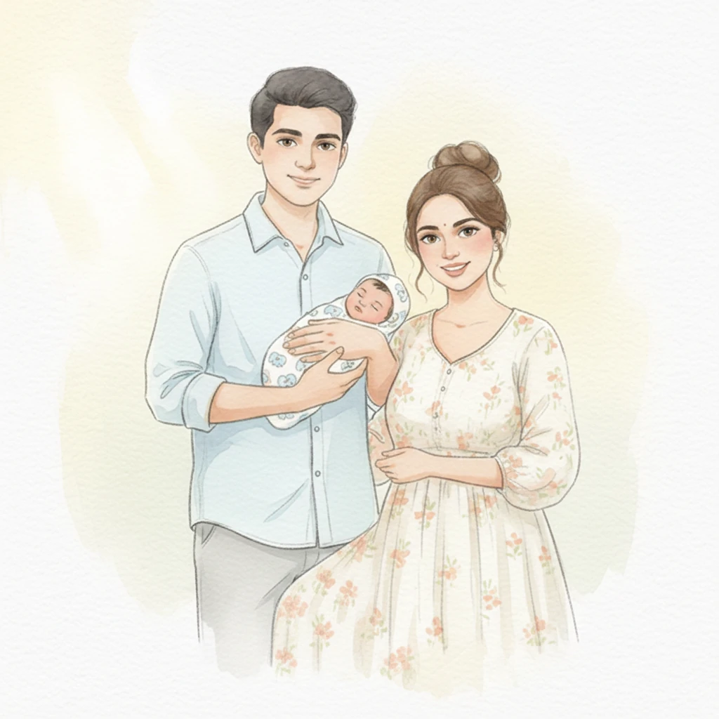 A hushed, tender moment unfolds as Priya holds their newborn for the very first time. Soft light from an unseen window illuminates their faces, painted with awe and profound love. Colors blend seamlessly, creating an aura of warmth and new beginnings around them.