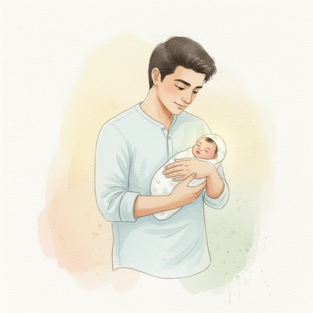 Rohan gently cradles their tiny baby, Zara, his eyes filled with wonder. His strong, yet tender hands form a protective haven, rendered with soft, flowing lines. The baby, a delicate bundle, seems to glow with the promise of life, bathed in a gentle, warm light.