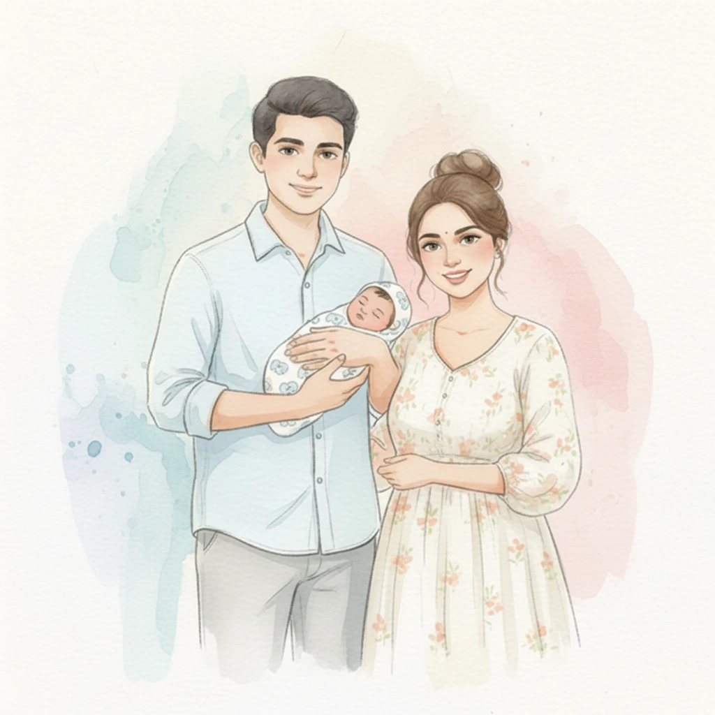 The family shares a quiet, intimate moment, perhaps a soft lullaby hummed by Priya. Swathes of pastel colors flow around them, creating a dreamlike atmosphere of peace and contentment. Zara sleeps soundly, a tiny miracle in their arms.