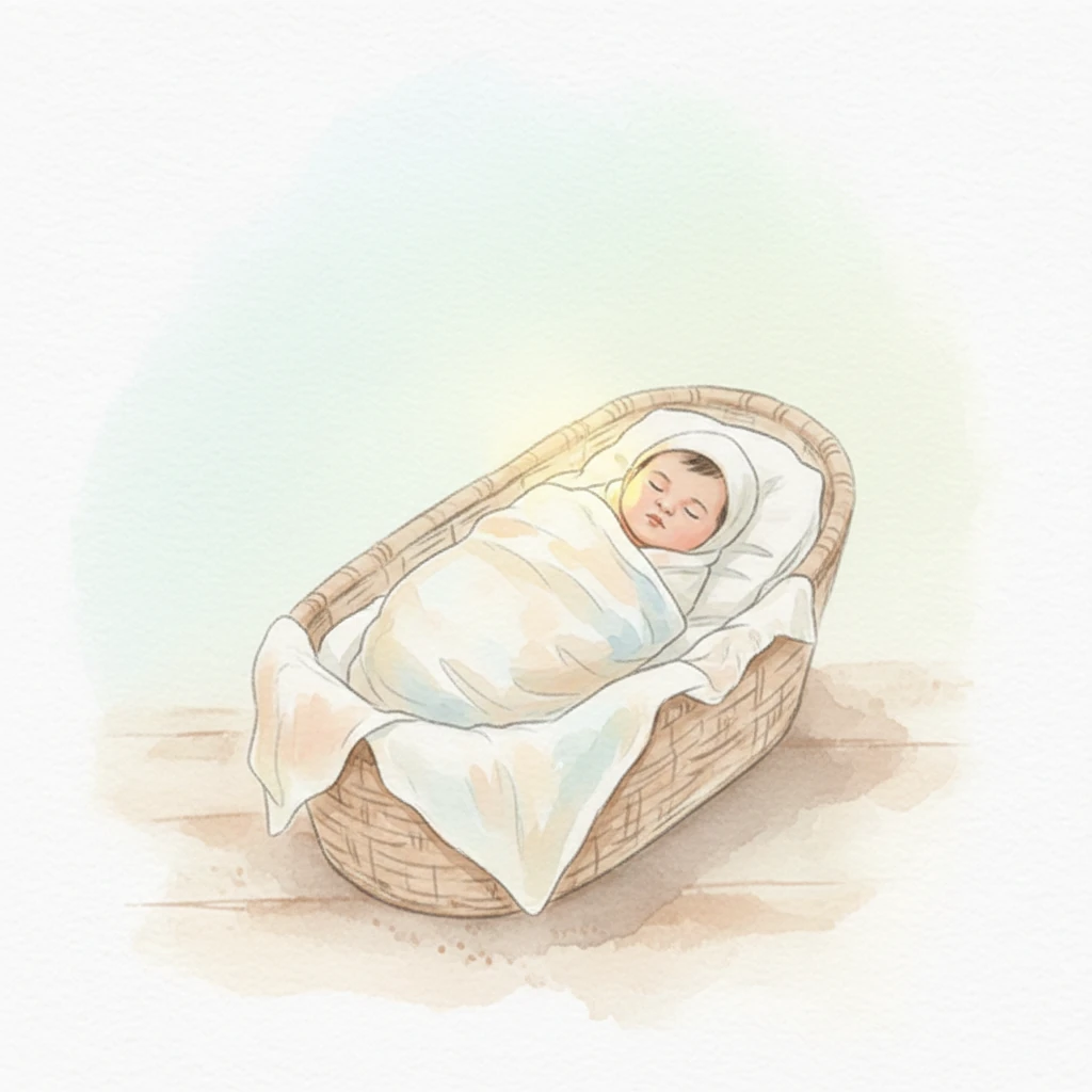 Zara sleeps peacefully in a soft, woven bassinet, surrounded by a delicate blanket. The scene is bathed in a serene, dreamlike light, with loose brushstrokes suggesting the soft texture of her swaddle. A single, unseen ray of light touches her cheek, a whisper of warmth.