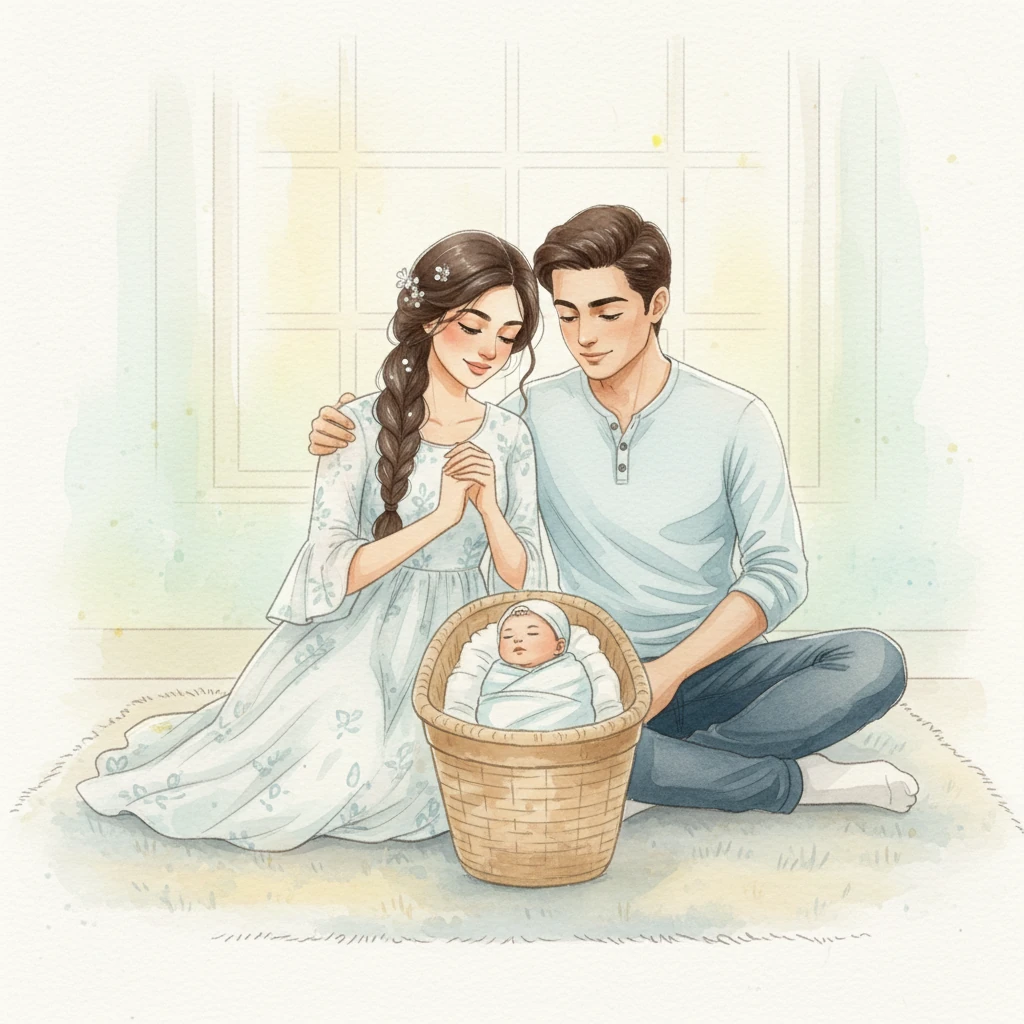 Rohan and Priya sit together, admiring Zara as she stirs gently. Their expressions are soft and adoring, rendered with translucent layers of color that convey deep emotion. The air around them feels light and hopeful, filled with unspoken promises.