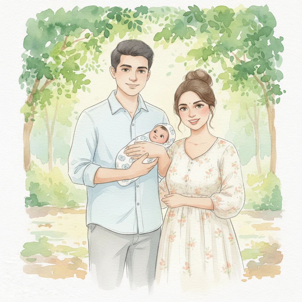 A gentle breeze rustles through soft, green leaves as Rohan and Priya take Zara for her first outdoor stroll. Sunlight filters through a canopy of trees, creating a dappled effect on the ground, painted with loose, organic washes. The world outside is a soft, wondrous blur for little Zara.