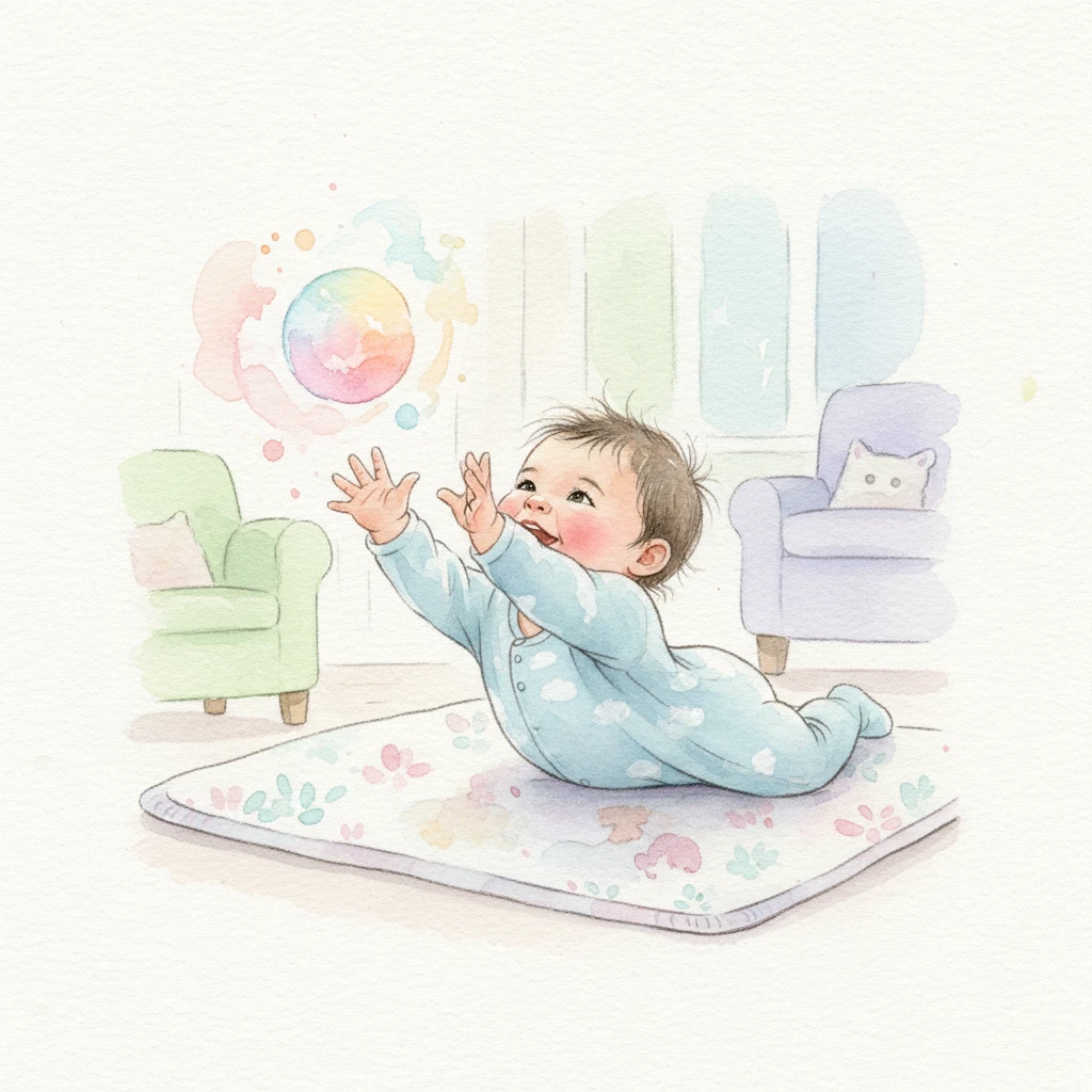 Zara, a little older now, lies on a soft play mat, reaching for a colorful, imagined toy. Her movements are captured with playful, light brushstrokes, full of potential and budding curiosity. The background is a soft blur of comforting, familiar shapes.