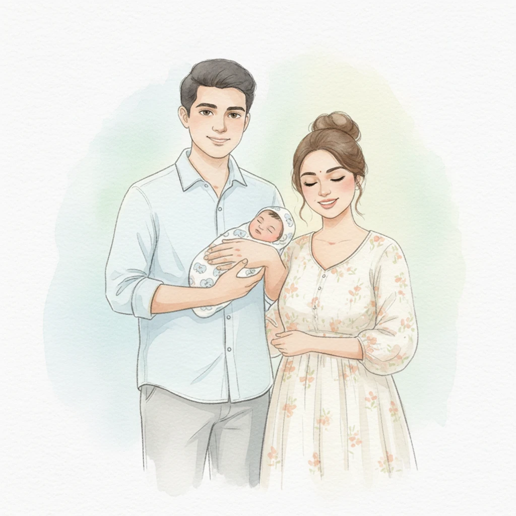 The young family stands together, Zara now held snugly between her loving parents. Their faces radiate pure joy and shared love, a beautiful tableau rendered with harmonious pastels and flowing forms. This tender scene embodies the beginning of their beautiful journey together.