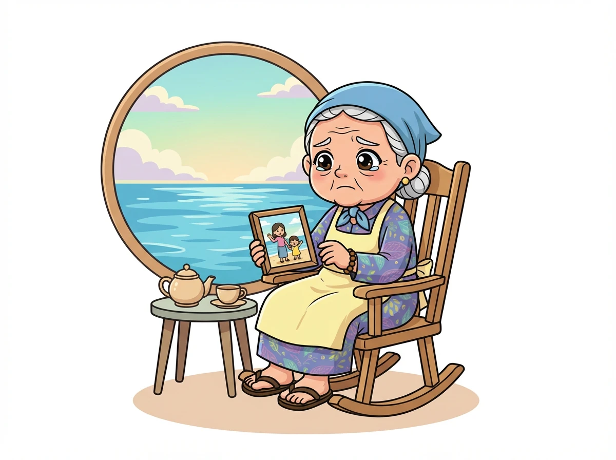 Nenek Ratih duduk di kursi goyangnya, memandang foto anaknya yang jauh di seberang lautan. Hatinya terasa sepi, merindukan suara dan tawanya.