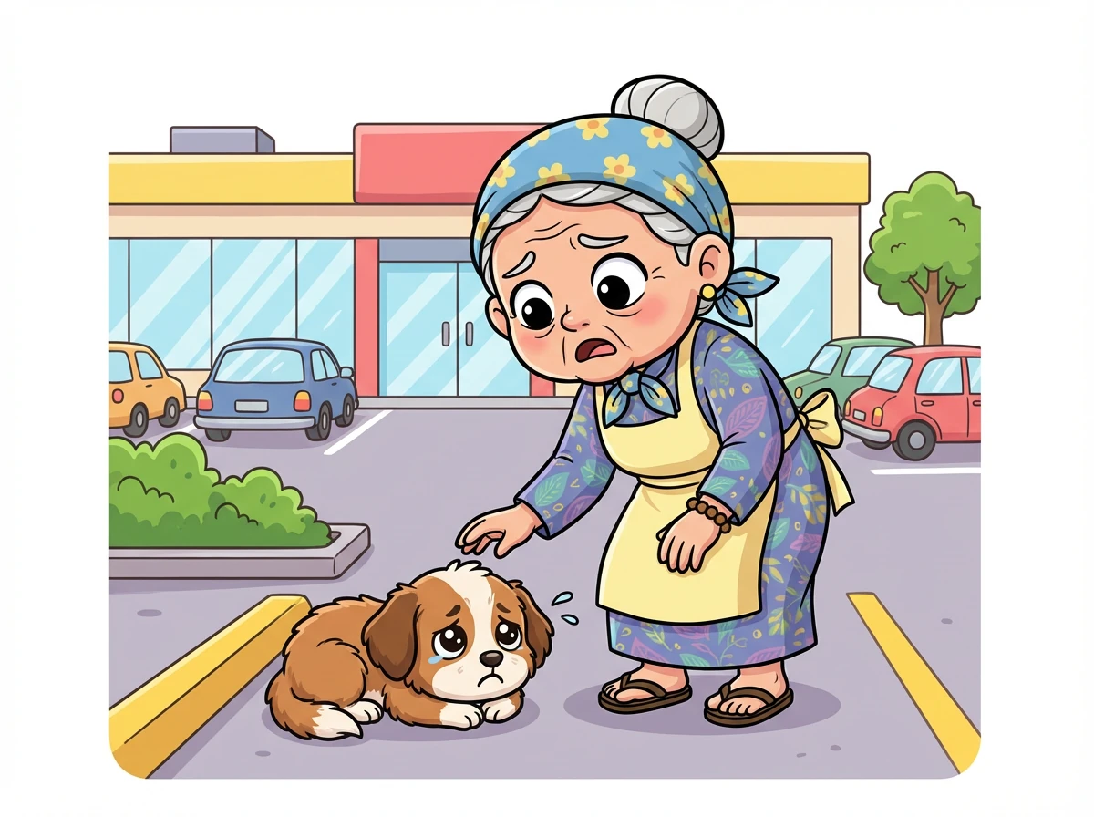 Setelah berbelanja di supermarket, Nenek Ratih mendengar suara rintihan lemah. Ia mencari sumber suara itu dan menemukan seekor anjing kecil tergeletak di dekat tempat parkir.