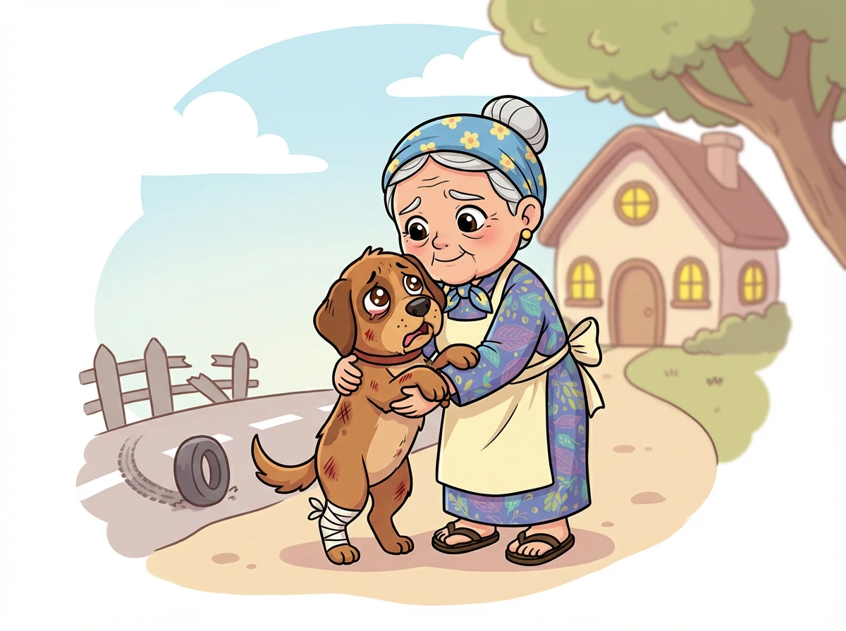 Anjing itu terluka parah, sepertinya tertabrak mobil. Nenek Ratih dengan hati-hati mengangkatnya dan membawanya pulang ke rumah.