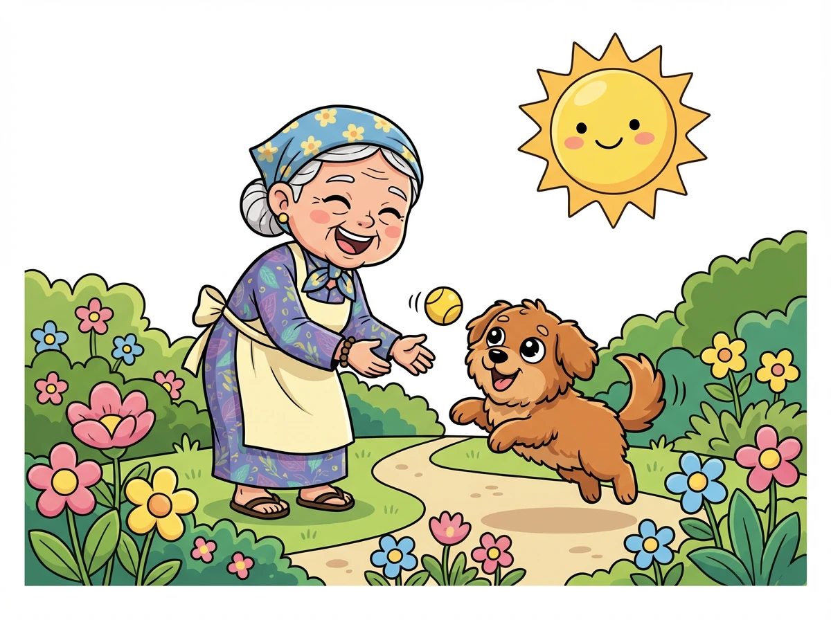 Hari-hari Nenek Ratih menjadi lebih berwarna. Gukguk selalu menemaninya, bermain di taman, dan tidur di dekat kakinya.