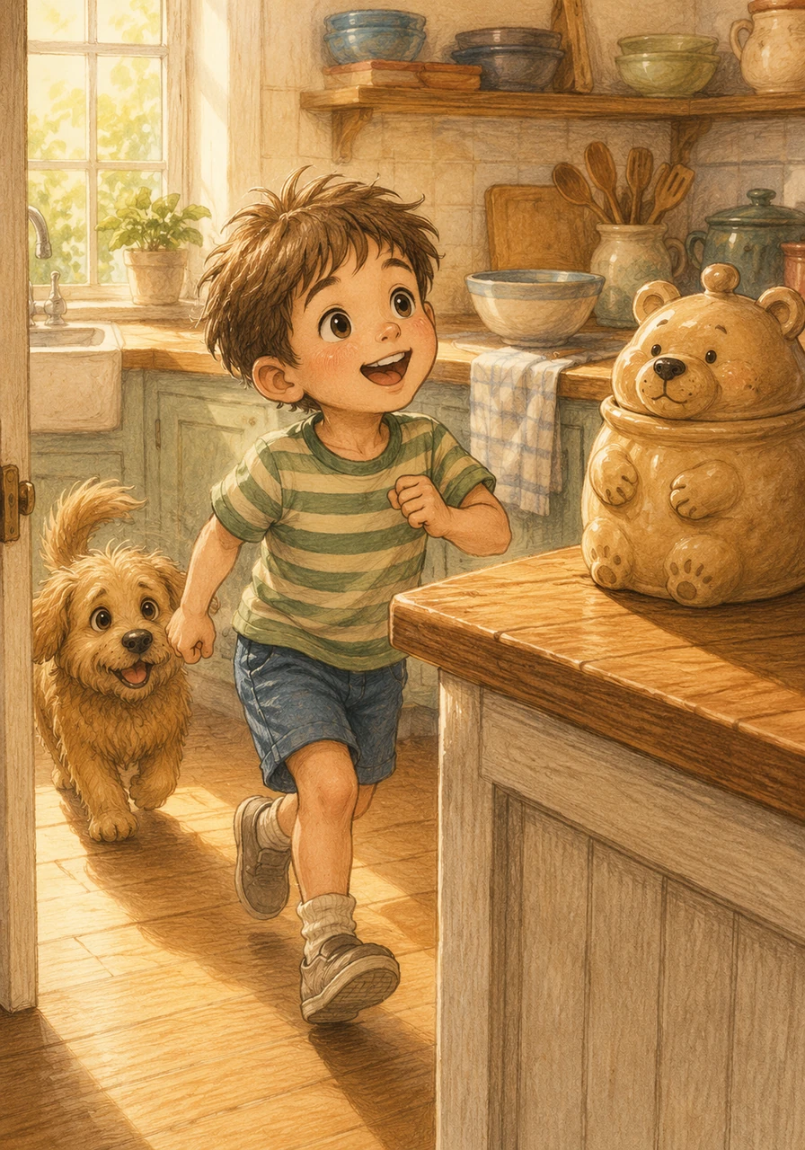 The afternoon sun poured warmly into the kitchen, casting a golden glow over the countertops. Jamie skipped into the room with a rumbling tummy, his eyes fixed on the ceramic cookie jar shaped like a friendly bear sitting on the shelf.