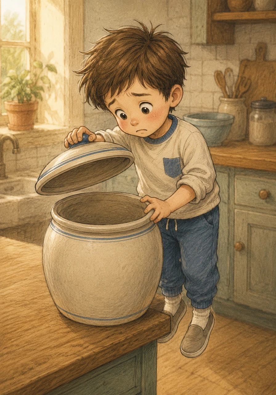 Jamie reached up on his tiptoes and carefully lifted the heavy lid of the cookie jar, anticipating a delicious chocolate chip treat. He peered inside, but his smile quickly vanished when he saw nothing but empty space.