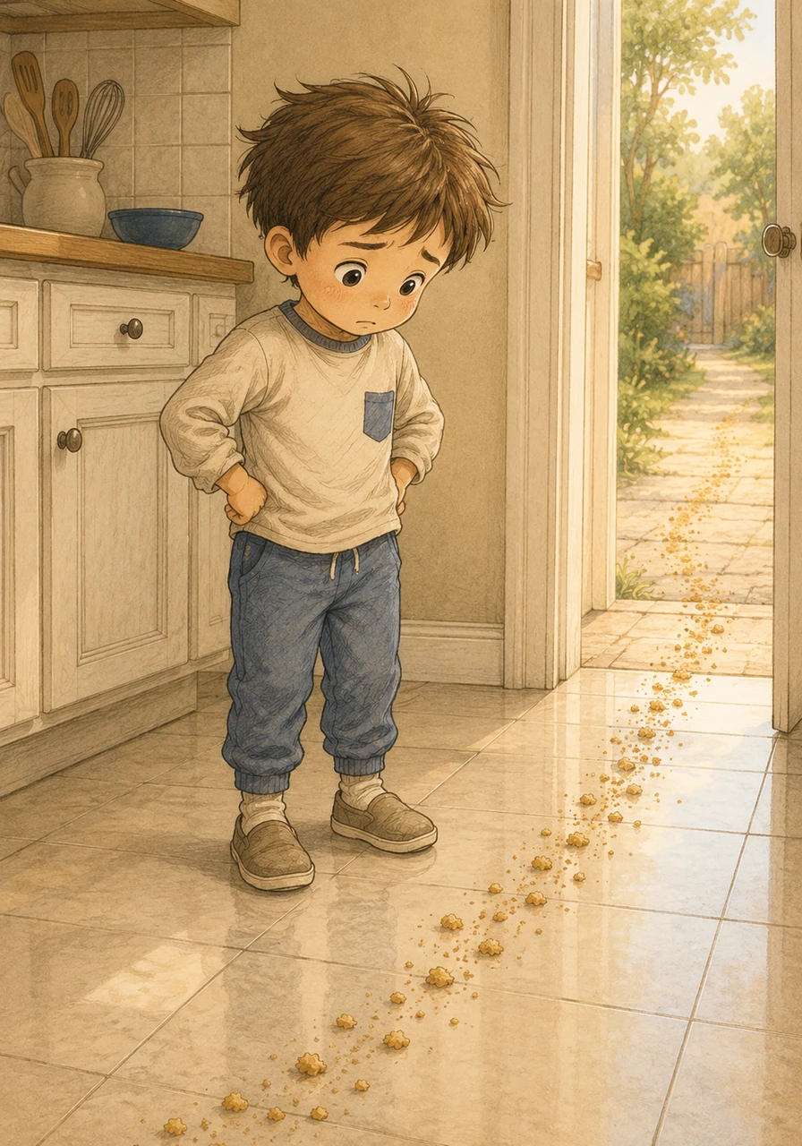 Confused and disappointed, Jamie looked down at his feet and noticed a trail of tiny, golden-brown crumbs scattered across the shiny kitchen tiles. The crumbs formed a perfect, messy line leading right out of the kitchen doorway.