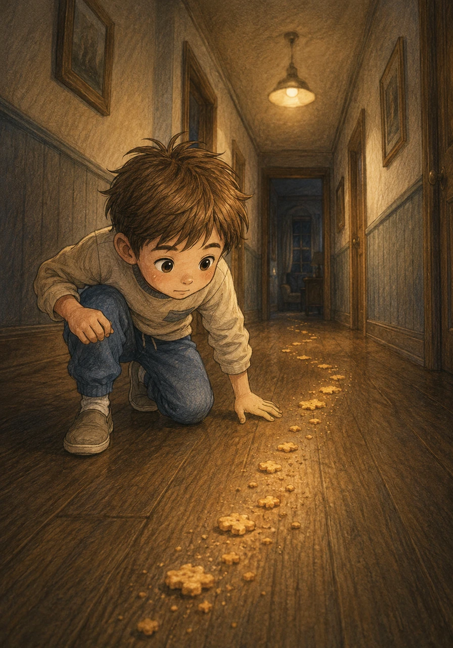 With the spirit of a true detective, Jamie bent low and began to follow the trail, careful not to step on the evidence. The crumb path wound its way down the long hallway, hinting at a very messy thief.