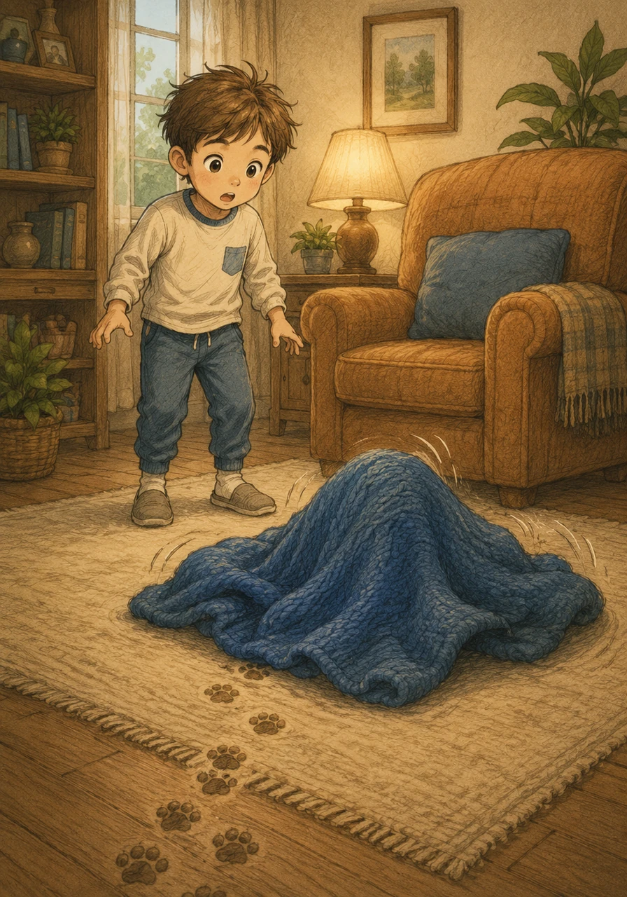 The trail led Jamie straight into the cozy living room, ending abruptly next to the big armchair. There, a large blue knitted blanket on the floor was twitching and moving all by itself.