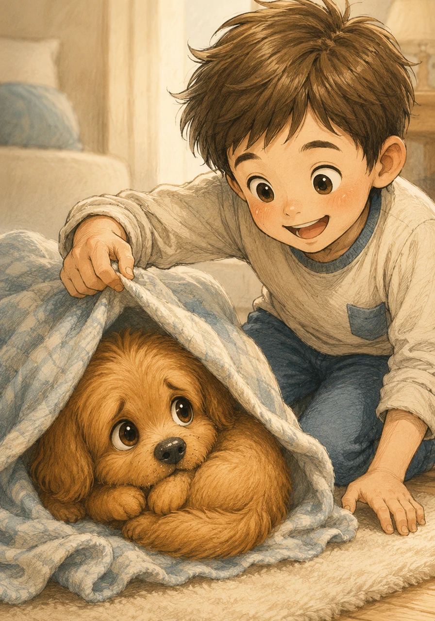 Jamie gently lifted the corner of the blanket, revealing his fluffy puppy, Max, curling into a tight little ball. Max looked up with wide, innocent eyes, trying his best to look like he had been sleeping all day.