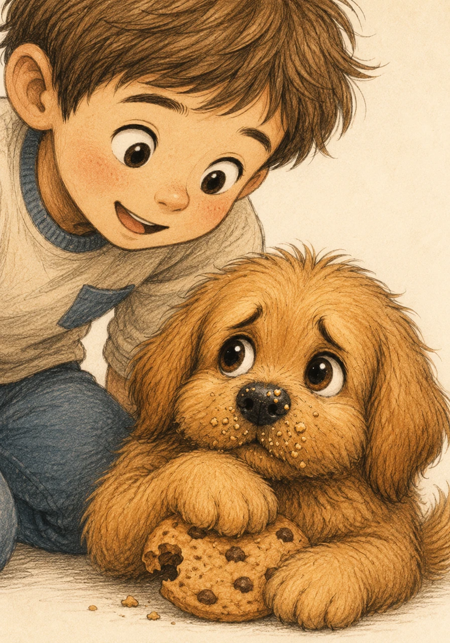 As Jamie looked closer, he couldn't help but notice the telltale signs of the crime. Max had tiny cookie crumbs stuck all over his wet black nose, and a half-eaten chocolate chip cookie was tucked safely under his paw.