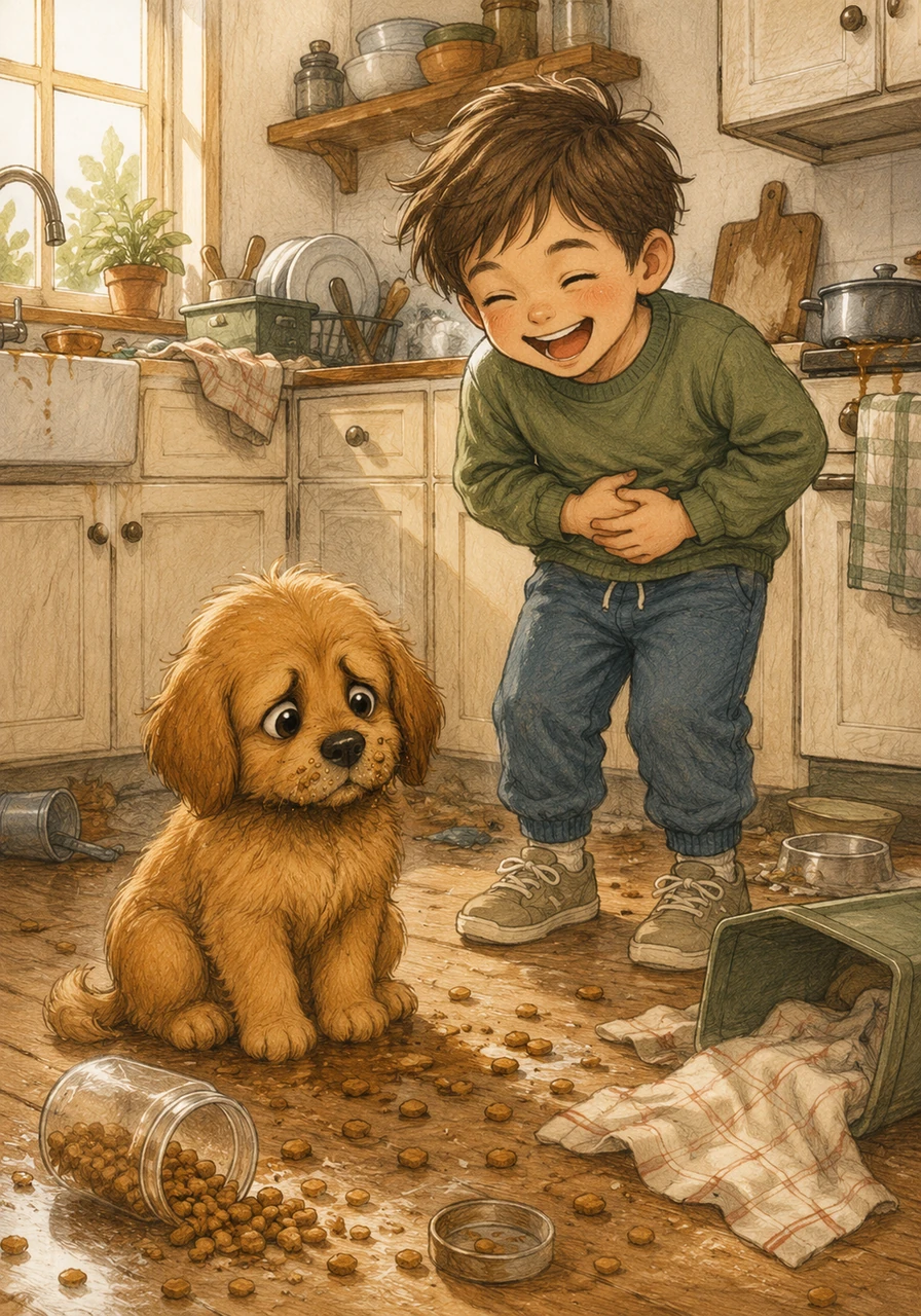 Realizing he was caught red-handed, Max let out a soft whine and drooped his ears, wearing a hilariously guilty expression. Jamie stared at his silly pup for a moment before bursting into a loud, cheerful laugh that filled the room.