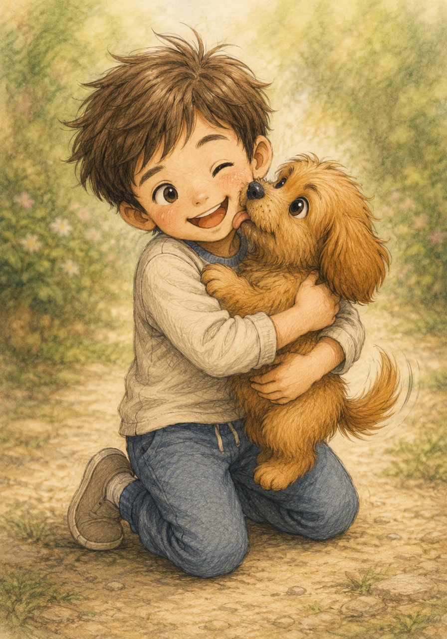 Jamie scooped the mischievous puppy into his arms, giving him a big, warm cuddle to show that all was forgiven. Max wagged his tail furiously and gave Jamie a grateful, sloppy kiss on the cheek.