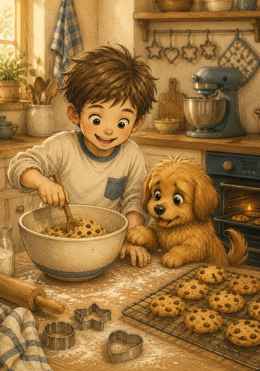 Hand in hand and paw in paw, Jamie and Max returned to the kitchen to bake a brand-new batch of cookies together. Soon, the air was filled with the delicious aroma of baking treats, ready to be shared between two best friends.