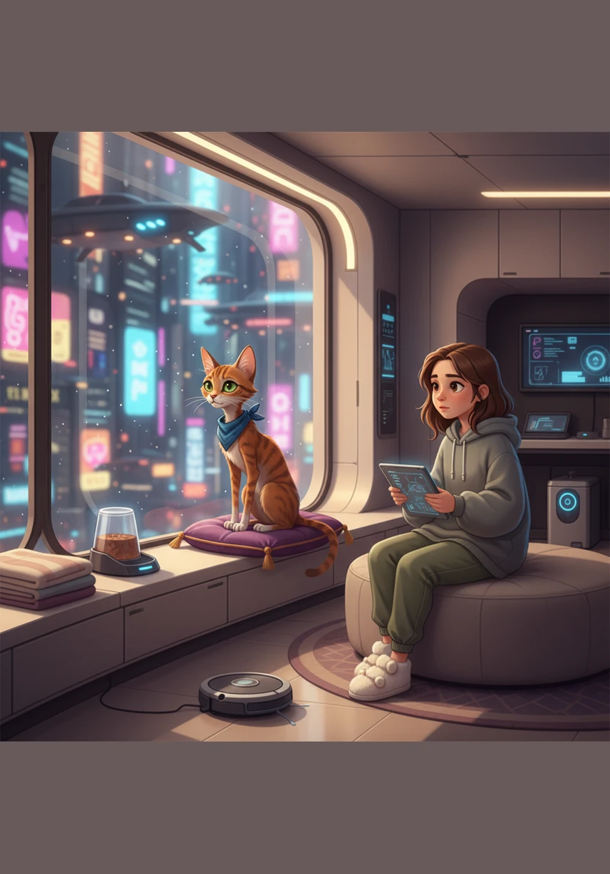 Buster lived a quiet, pampered life inside a high-tech apartment, watching the glowing lights of the cyber city from the safety of his window. He had never stepped paw on the busy streets below, surrounded by soft cushions and automated feeders.