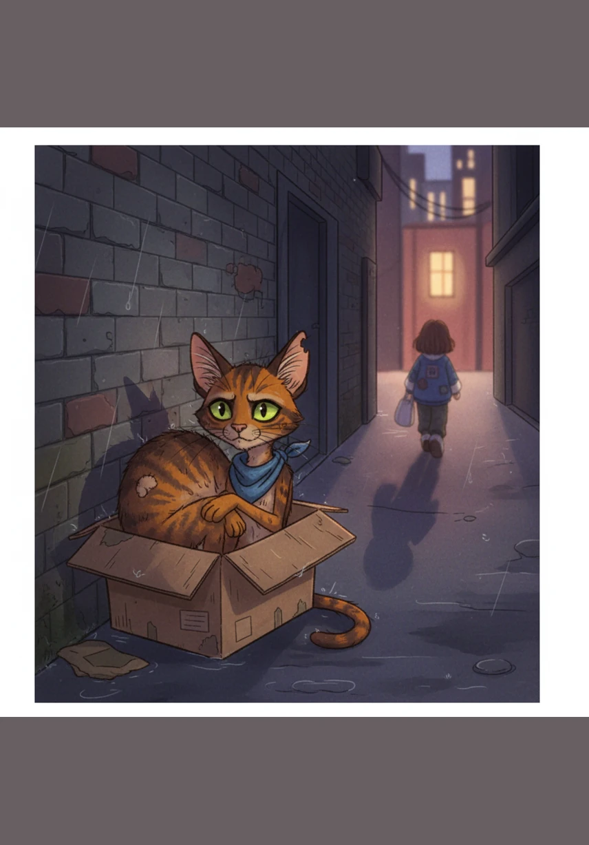 Huddled in a cold, damp alleyway, Buster trembled as the shadows of the city grew long and intimidating. He missed the warmth of his bed and the gentle voice of his owner, feeling small and helpless in the vast metropolis.