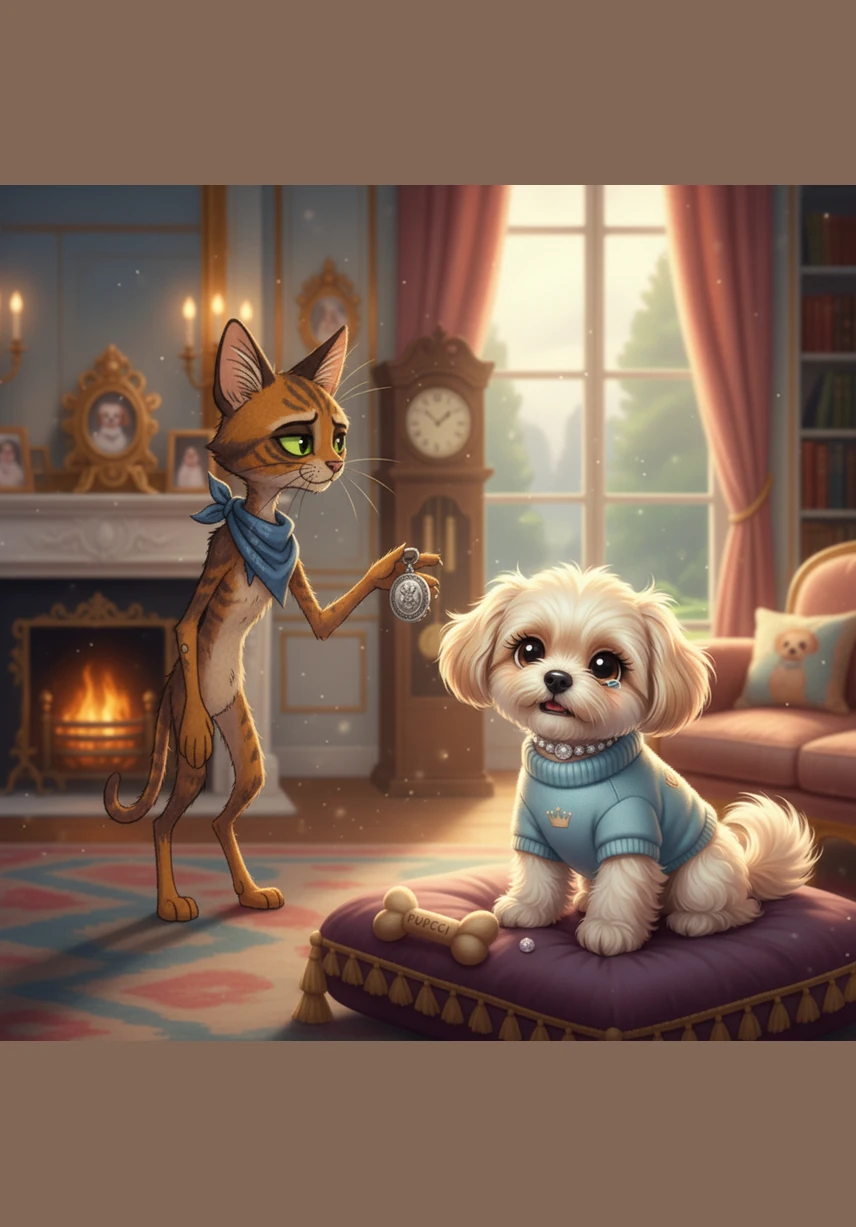 A pack of fierce, wild street dogs with glowing collars cornered Buster near a pile of scrap metal, growling and baring their teeth. Just as they prepared to pounce, a small shadow darted between them, creating a chaotic distraction.