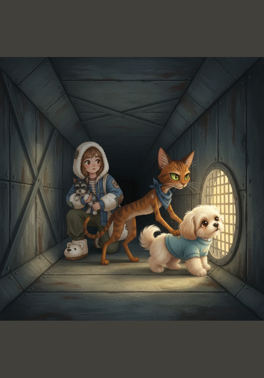 A scrawny, clever street cat with tattered ears led Buster through a narrow ventilation shaft, narrowly escaping the angry pack. The cat looked hungry and tired, but her eyes sparkled with a street-smart wisdom that Buster desperately needed.