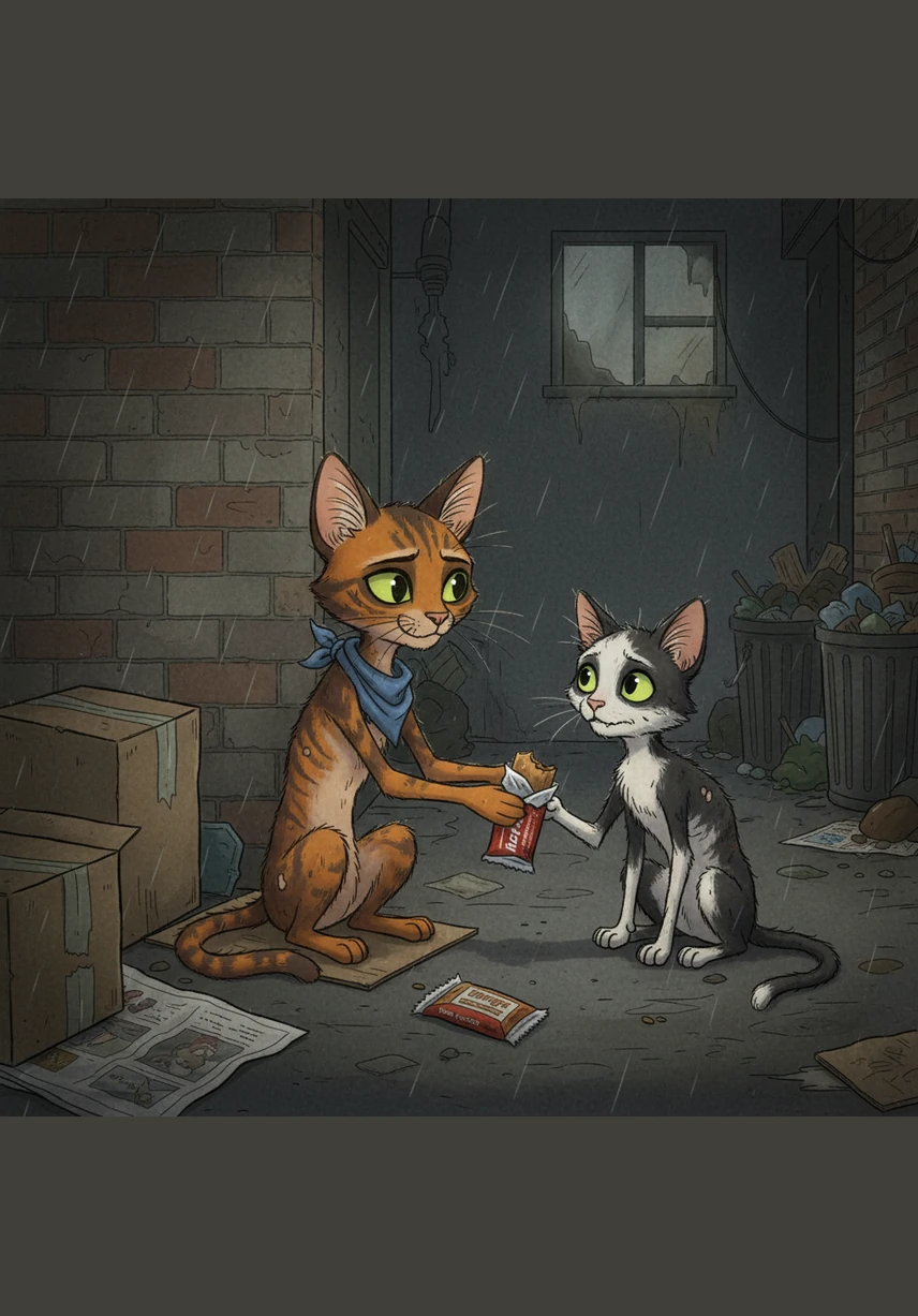 Buster found a discarded energy bar and shared it with the starving cat, who introduced herself as Mittens. Grateful for the meal, Mittens promised to help Buster find his way back to the residential district.