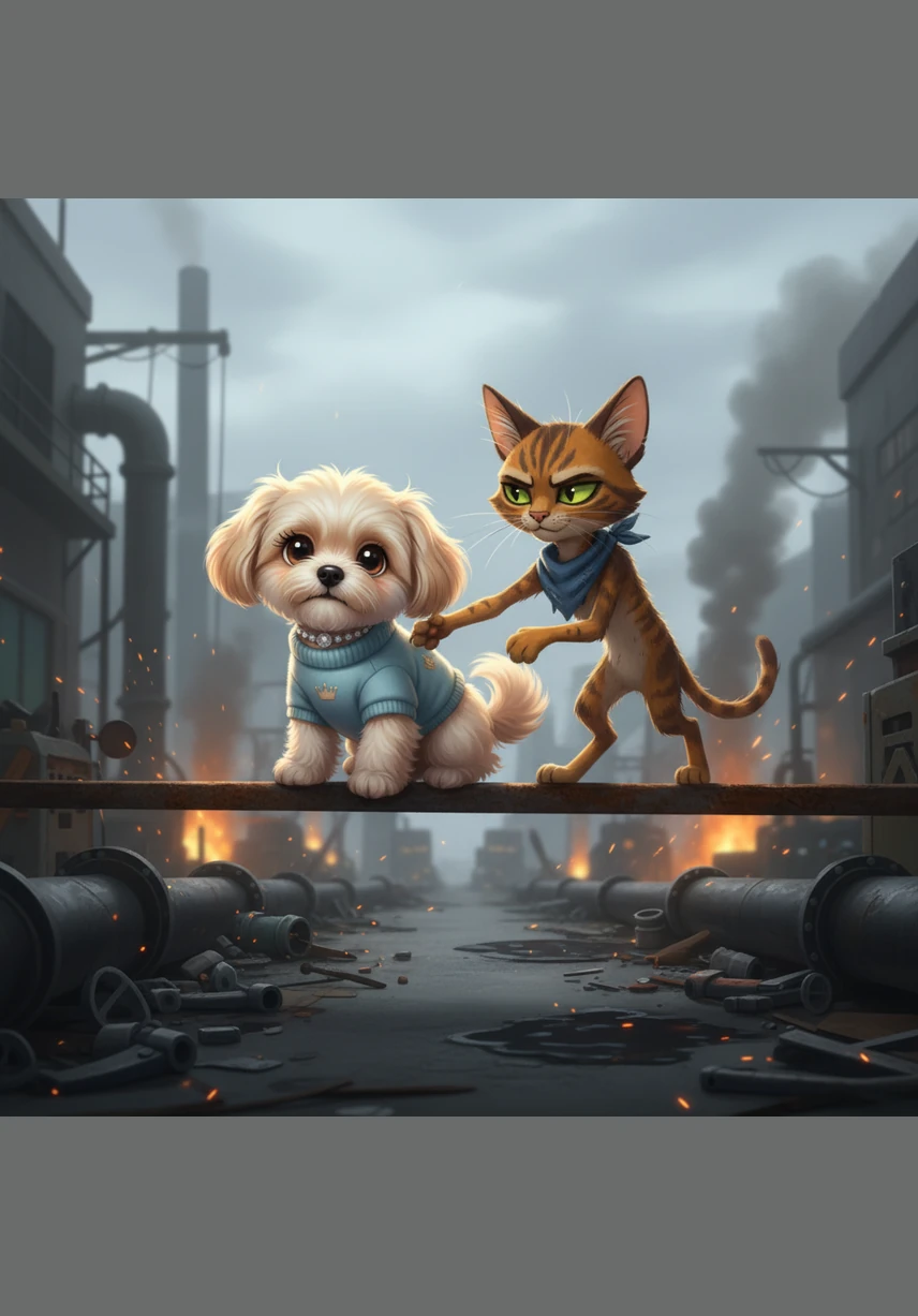 The two unlikely friends traveled through dangerous industrial zones, leaping over moving conveyor belts and dodging security drones. Buster learned to be brave, while Mittens learned that some dogs could be trusted and kind.