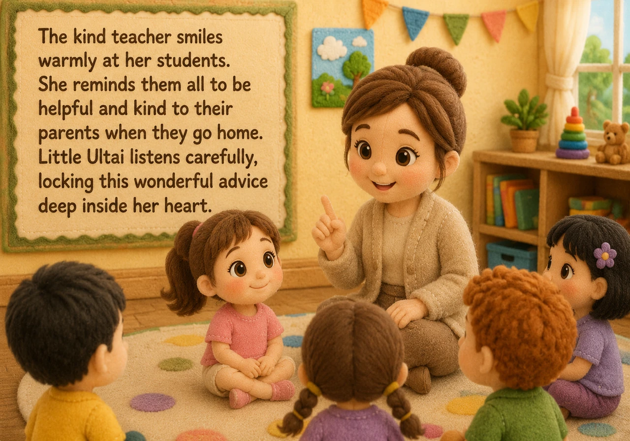 In a bright and cheerful kindergarten classroom, the kind teacher smiles warmly at her students. She reminds them all to be helpful and kind to their