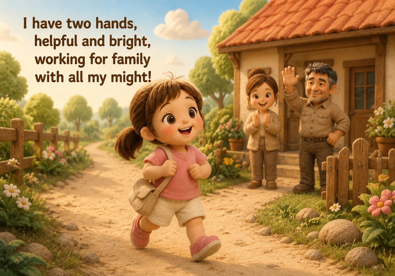 As Ultai walks home, she happily recites a little poem: I have two hands, helpful and bright, working for family with all my might! She feels excited