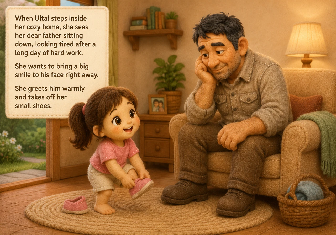 When Ultai steps inside her cozy home, she sees her dear father sitting down, looking tired after a long day of hard work. She wants to bring a big sm