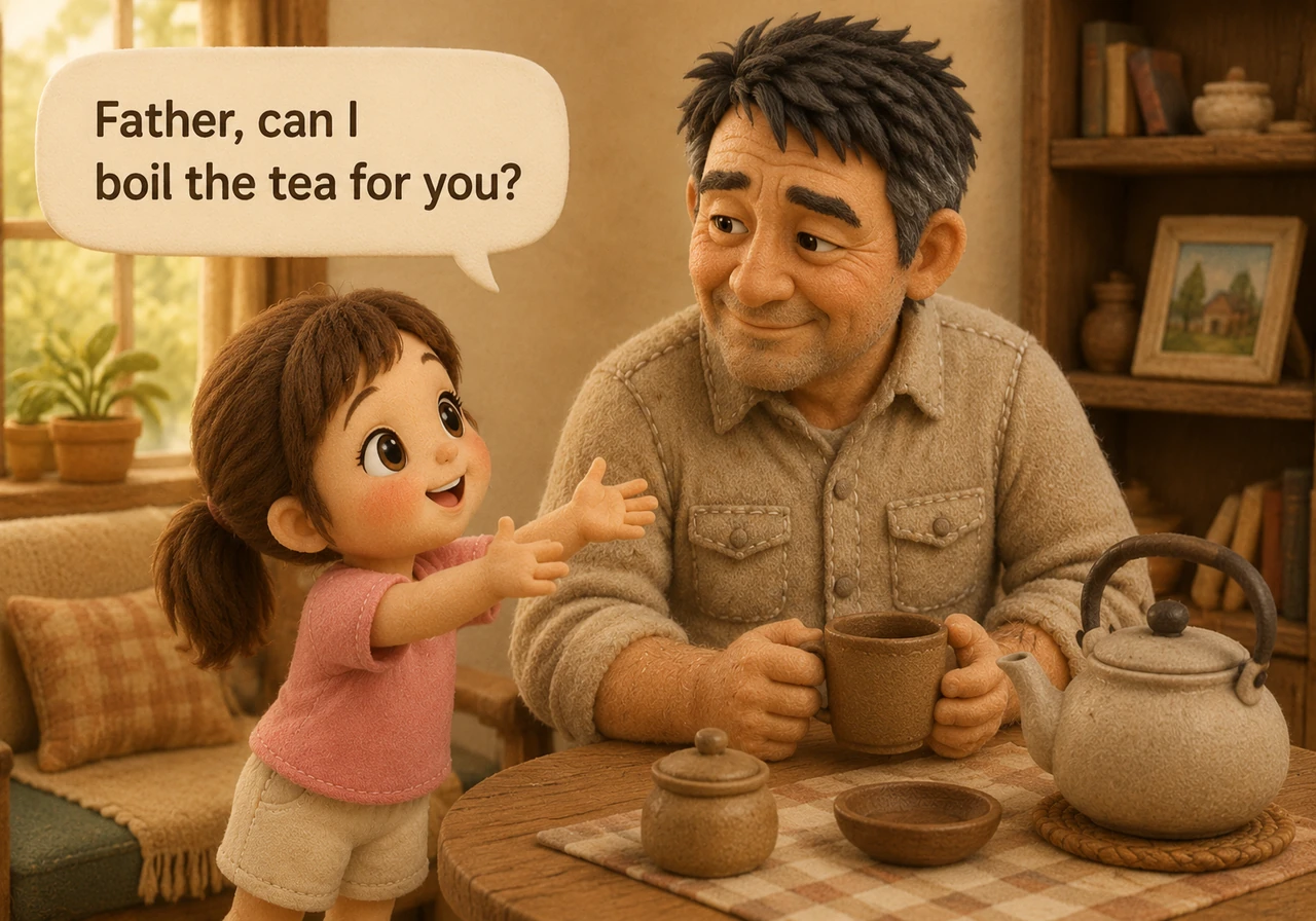 Father, can I boil the tea for you, Ultai asks with eager, shining eyes. She wants to prepare a warm, comforting drink to make him feel better. She re