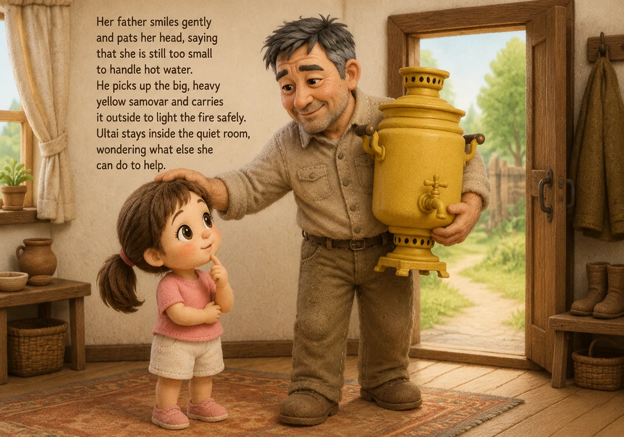 Her father smiles gently and pats her head, saying that she is still too small to handle hot water. He picks up the big, heavy yellow samovar and carr