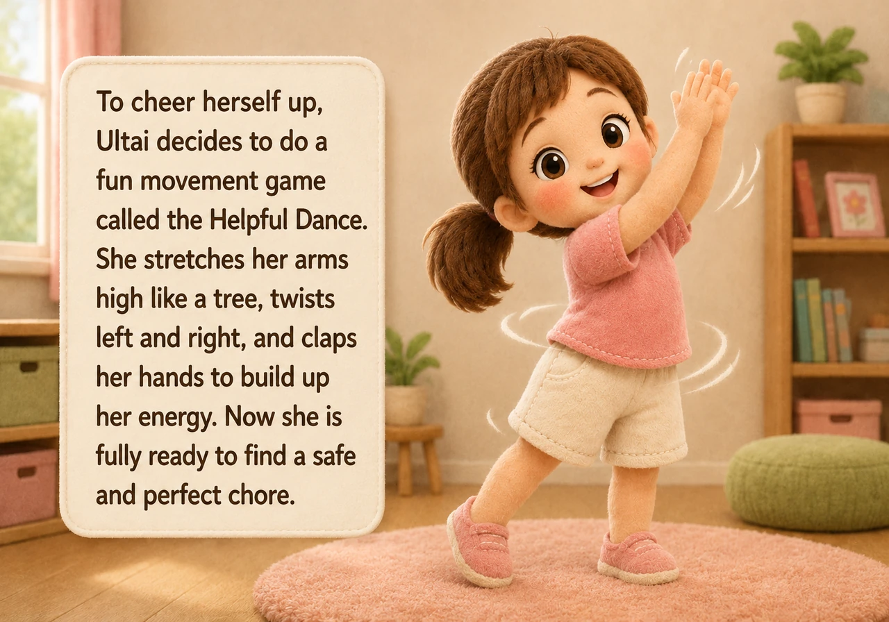 To cheer herself up, Ultai decides to do a fun movement game called the Helpful Dance. She stretches her arms high like a tree, twists left and right,
