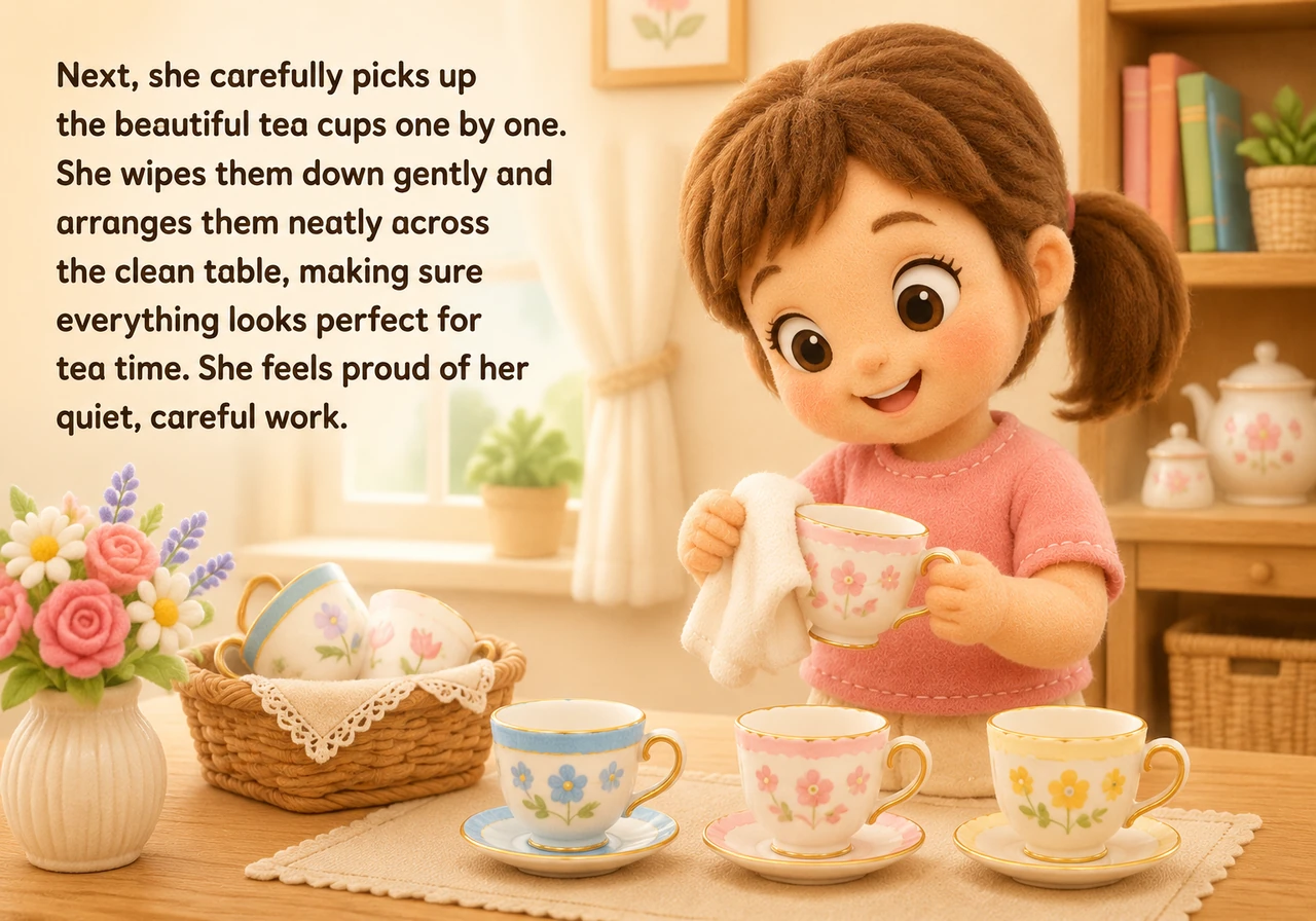 Next, she carefully picks up the beautiful tea cups one by one. She wipes them down gently and arranges them neatly across the clean table, making sur