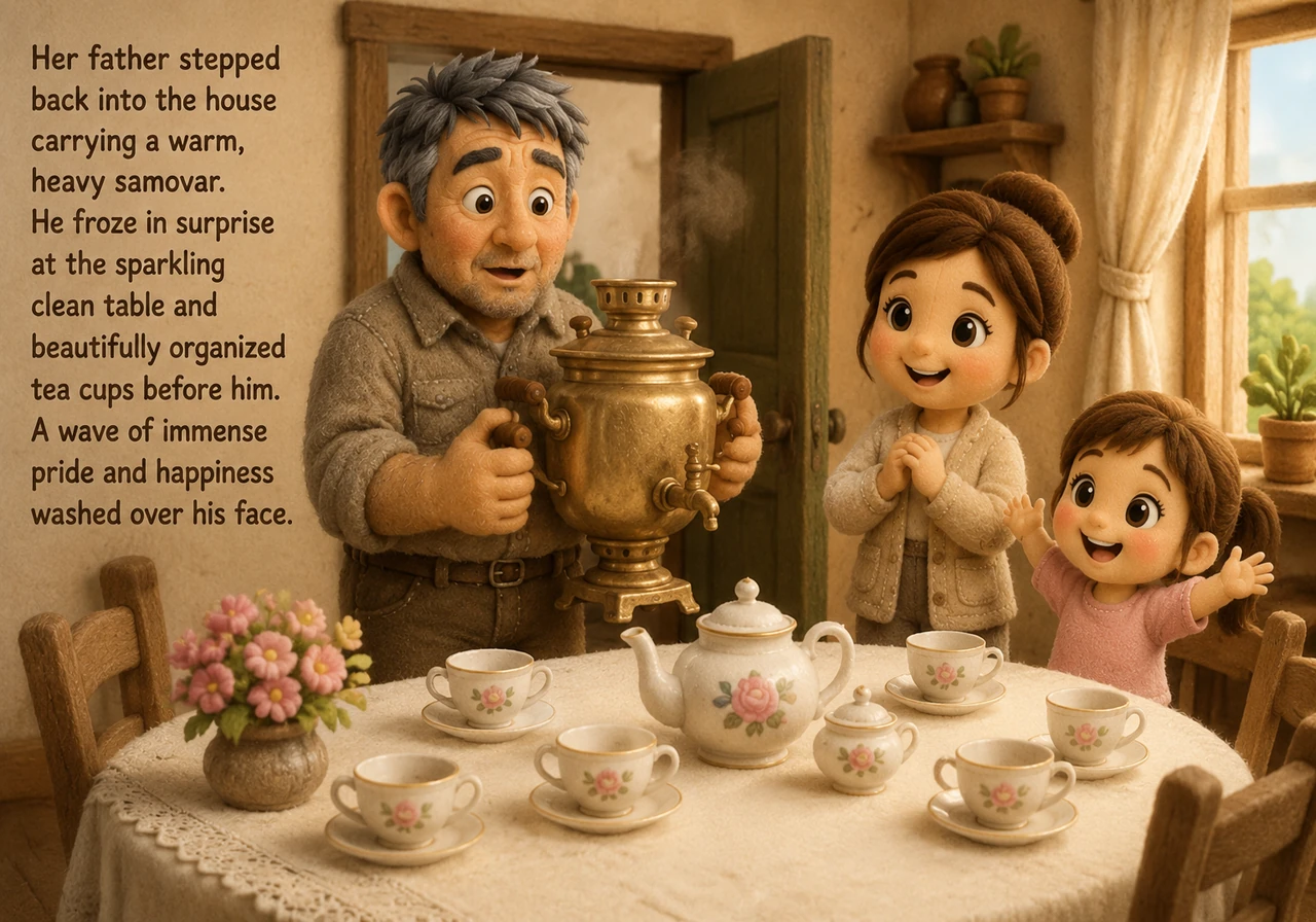 Her father steps back into the house carrying the warm samovar and stops in complete surprise. He looks at the sparkling clean table and the beautiful