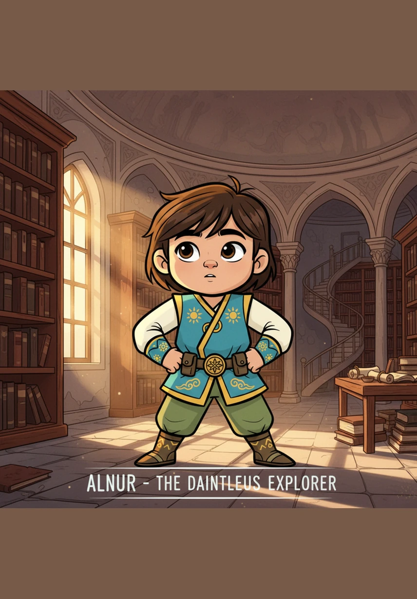 Alnur discovers a magical book in a quiet, sun-drenched library that glows with a warm, golden light. As the book opens, the words begin to lift off the page, transforming the room into a world of wonder and light.