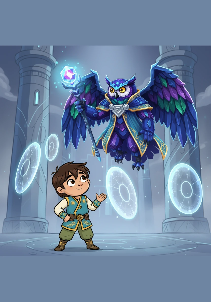 A shimmering guardian shaped like a majestic owl appears to guide Alnur through the realm of laws. The guardian explains that every child is born with a set of invisible shields called rights that keep them safe and happy.