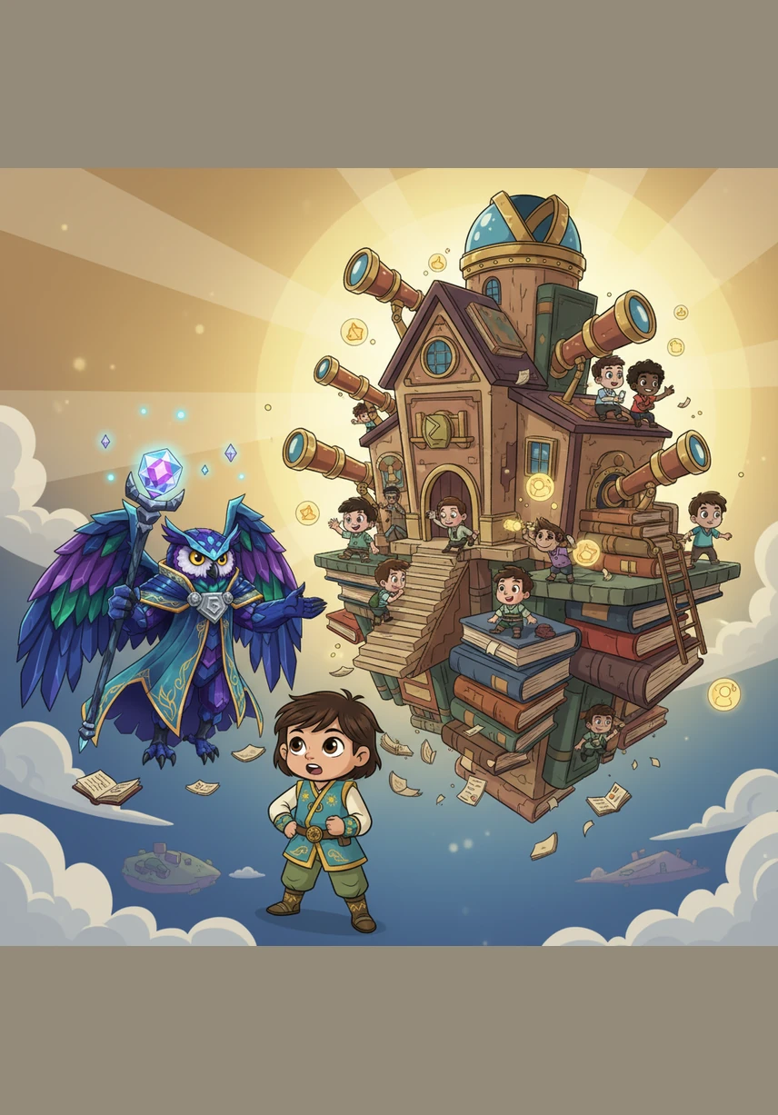 The guardian leads Alnur to a magnificent school built of floating books and telescopes where every child is invited to explore. This scene highlights that education is a fundamental right that helps children reach their full potential and understand the world.