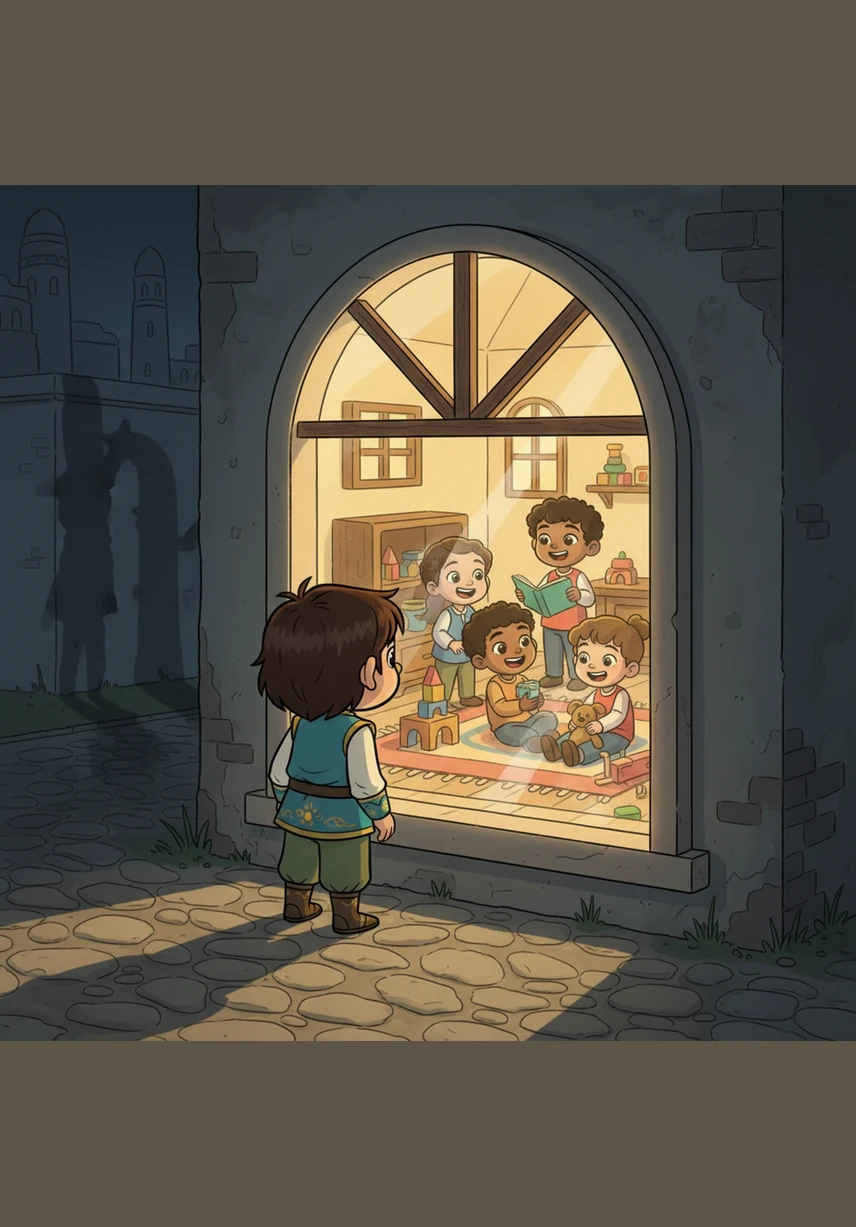 Alnur sees a group of children playing inside a house that glows with a soft, protective light that keeps the shadows away. This symbolizes the right to live in a safe home where children are protected from harm and feel truly secure.