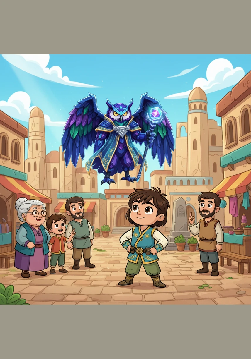 In a peaceful town square, Alnur watches as a young child shares ideas with a group of listening adults who nod with respect. The guardian explains that children have the right to express their opinions and have their voices heard in matters that affect them.