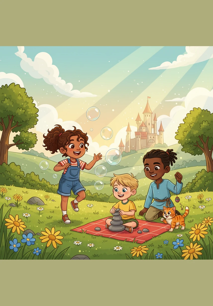 The scene shifts to a sun-drenched meadow where children are laughing, running, and resting under the shade of giant trees. This illustrates the essential right to play, rest, and enjoy the simple joys of childhood without worry.