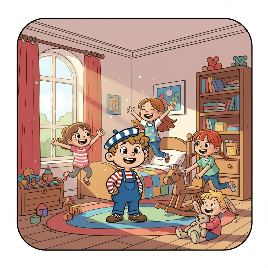 Émile, un petit garçon aux cheveux blonds et aux yeux pétillants, vivait dans une maison joyeuse avec ses quatre sœurs : Sophie, Léa, Chloé et Manon. Chaque matin, le soleil entrait par la fenêtre, illuminant leurs rires et leurs jeux.