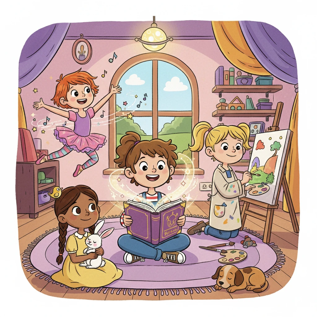 Sophie, l'aînée, aimait raconter des histoires fantastiques. Léa, la deuxième, était une artiste talentueuse. Chloé, toujours pleine d'énergie, adorait danser, et Manon, la plus jeune, avait un cœur tendre et aimait les animaux.