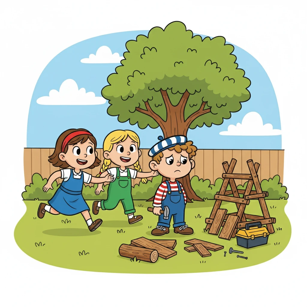 Un jour, Émile se sentait un peu seul. Il voulait construire une cabane, mais il ne savait pas comment faire. Ses sœurs, voyant sa mine déconfite, se sont immédiatement proposées de l'aider.