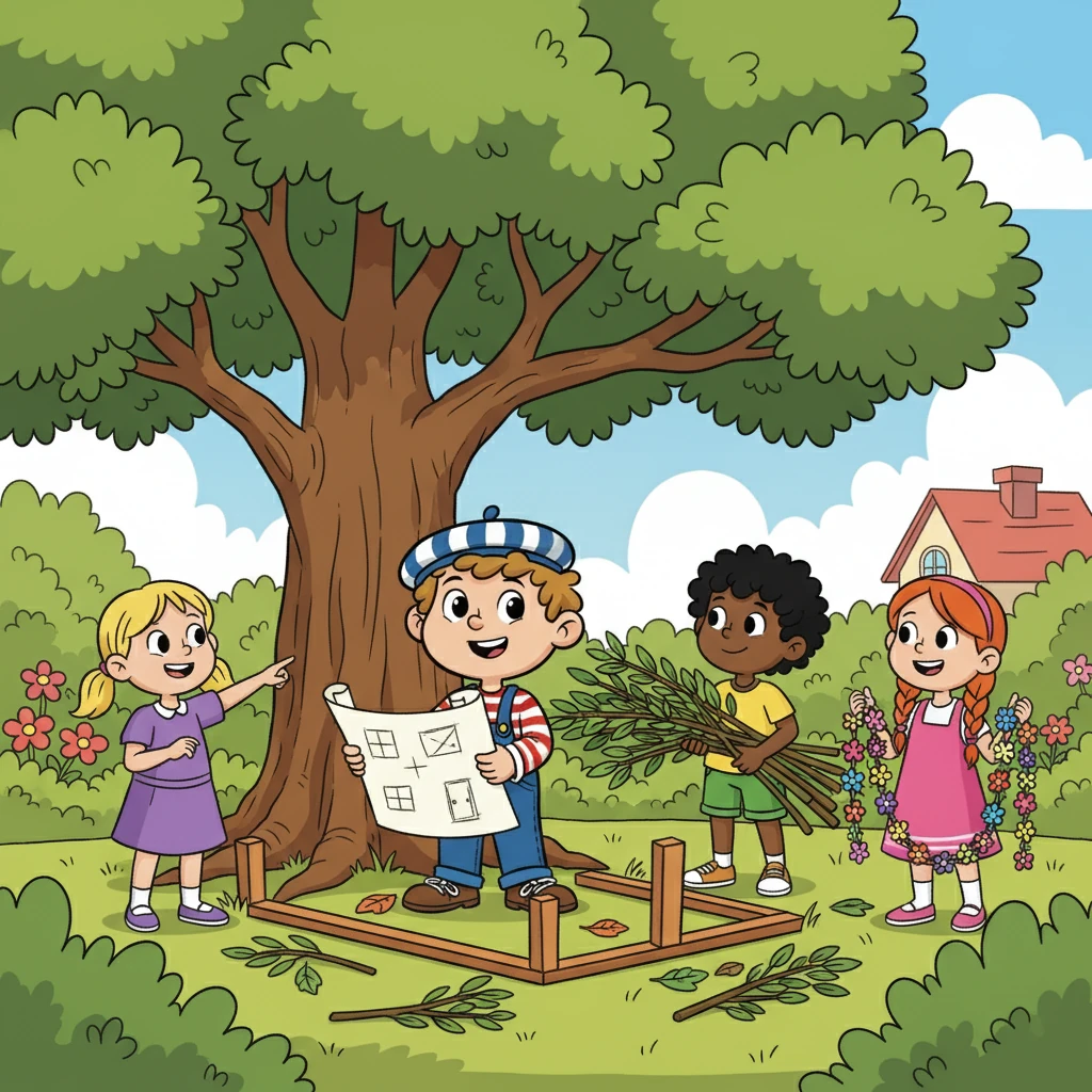 Sophie a suggéré l'emplacement idéal, sous le grand chêne du jardin. Léa a dessiné les plans, avec des fenêtres et une porte secrète. Chloé a rassemblé les branches et les feuilles, et Manon a apporté des guirlandes de fleurs pour décorer.